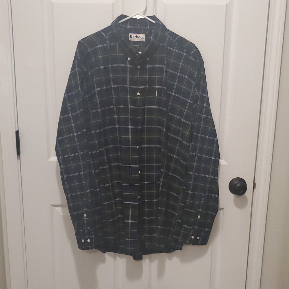 Barbour Navy and Green Plaid Button-Down Shirt